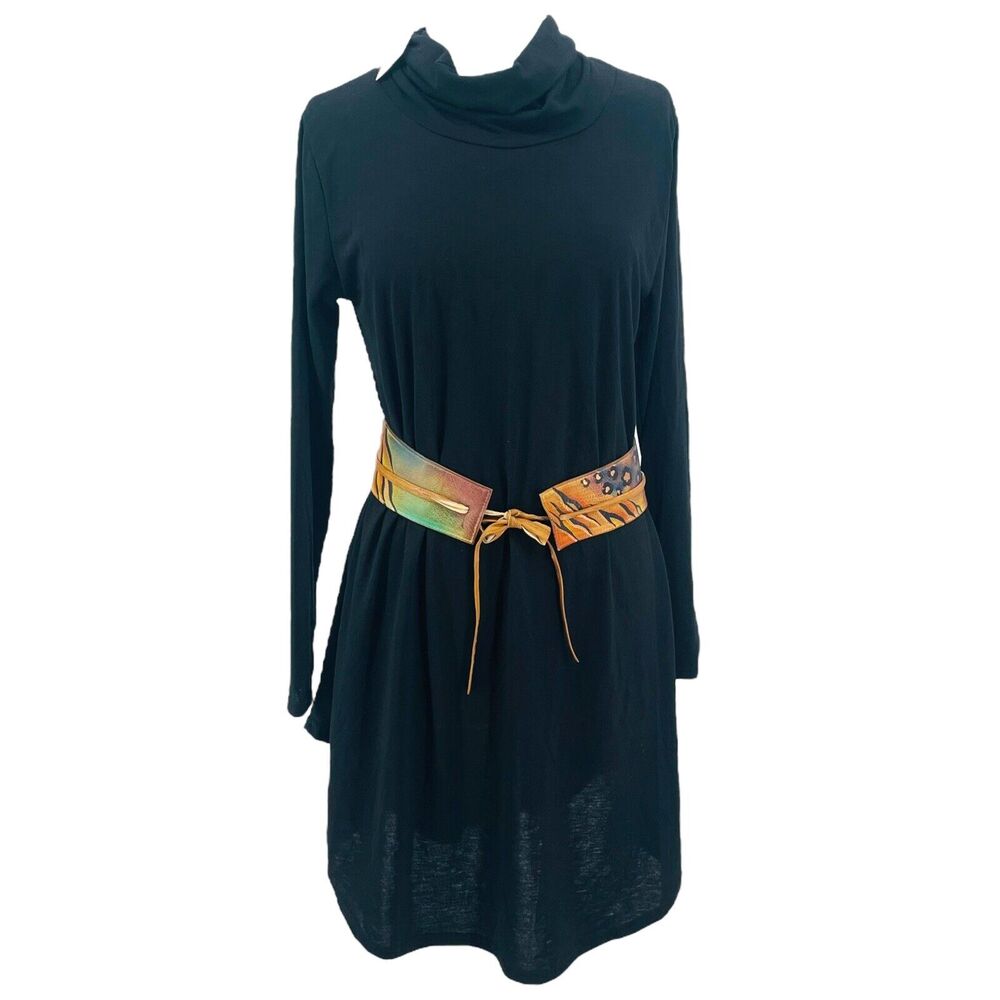 LINHUIER NEW Jersey Soft Long Sleeve Shift Tunic Turtleneck Dress Black Sz Large